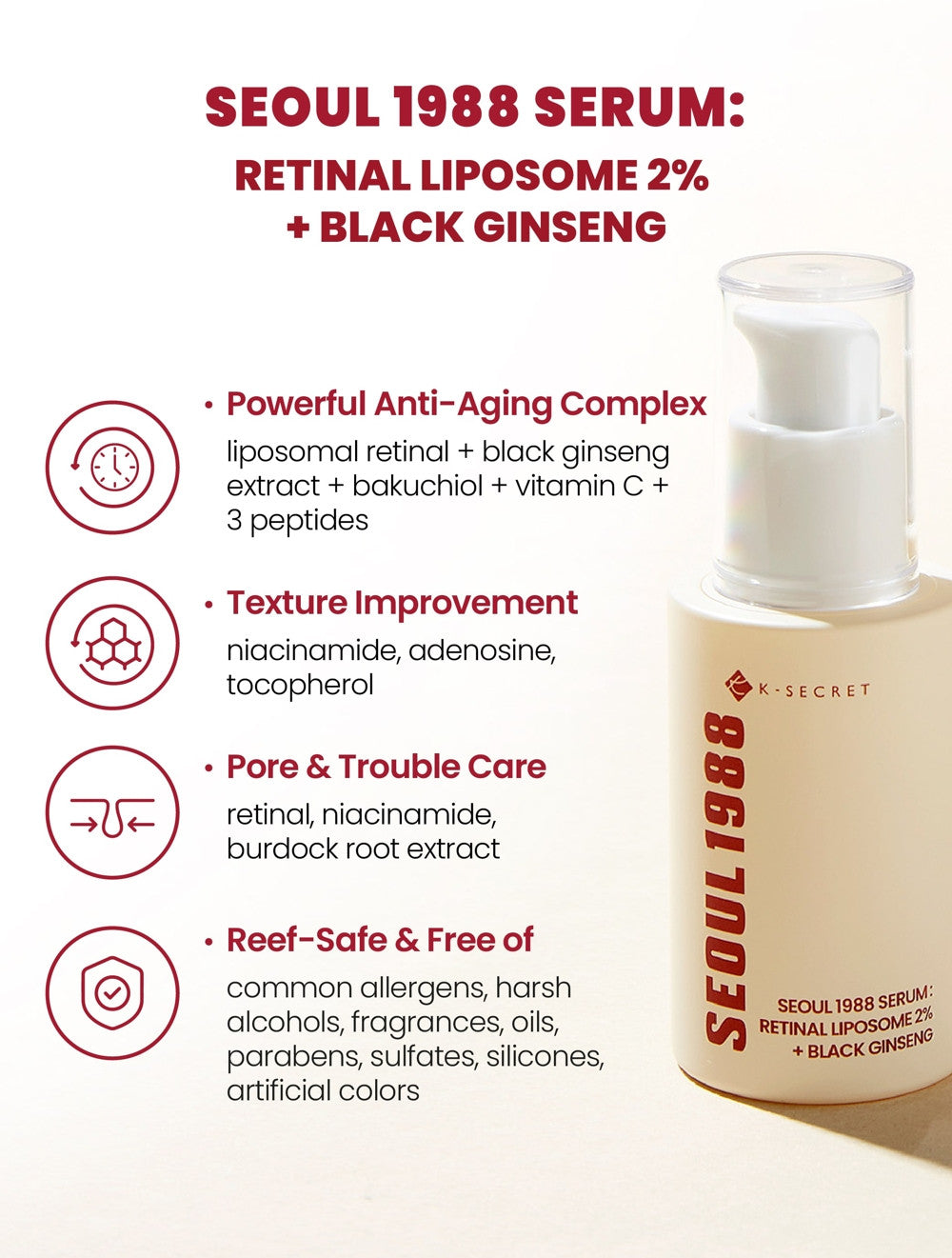 K-SECRET – SEOUL 1988 Serum: Retinal Liposome 2% + Black Ginseng, 30ml